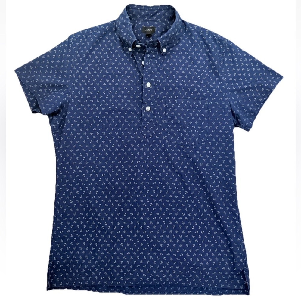 J.Crew Mens Navy Anchor Nautical Short Sleeve Popover Half Button Polo Small EUC